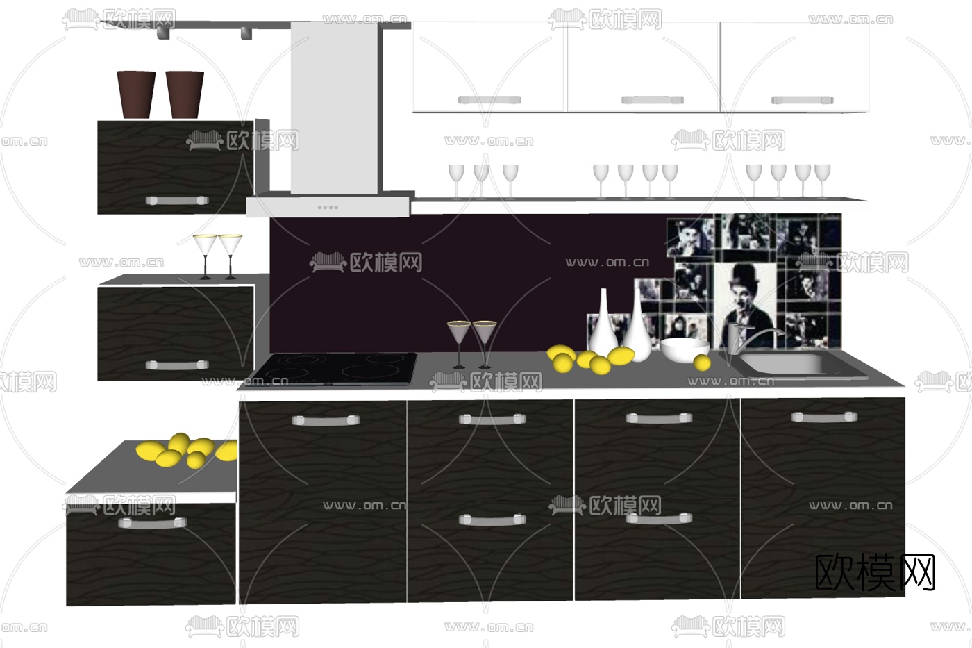 现代实木橱柜su模型下载