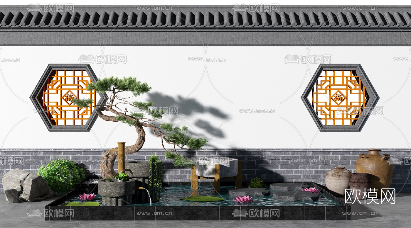 新中式庭院水池园艺小品3d模型下载