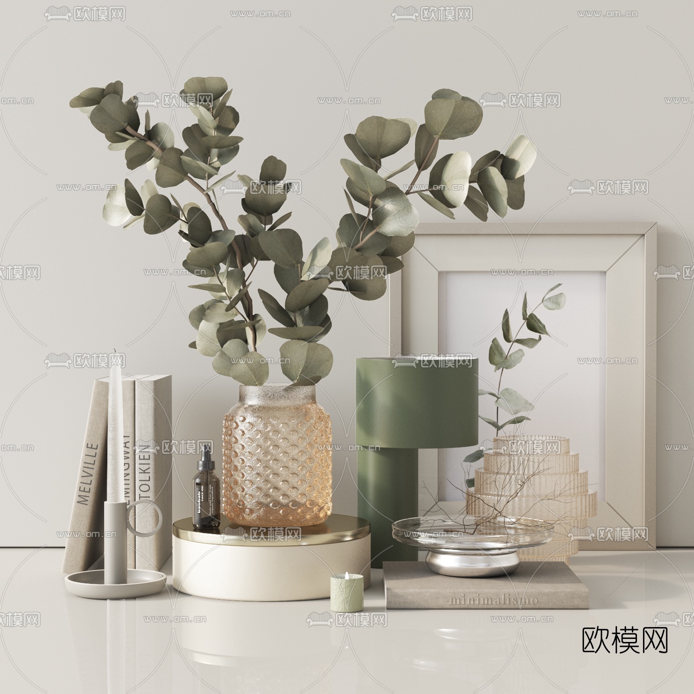 北欧绿植花瓶烛台书籍摆件3d模型