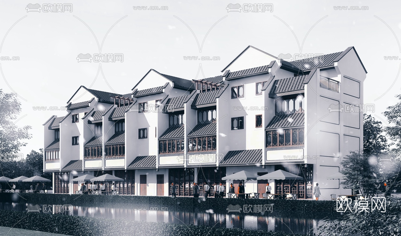 中式商业街商住楼3d模型