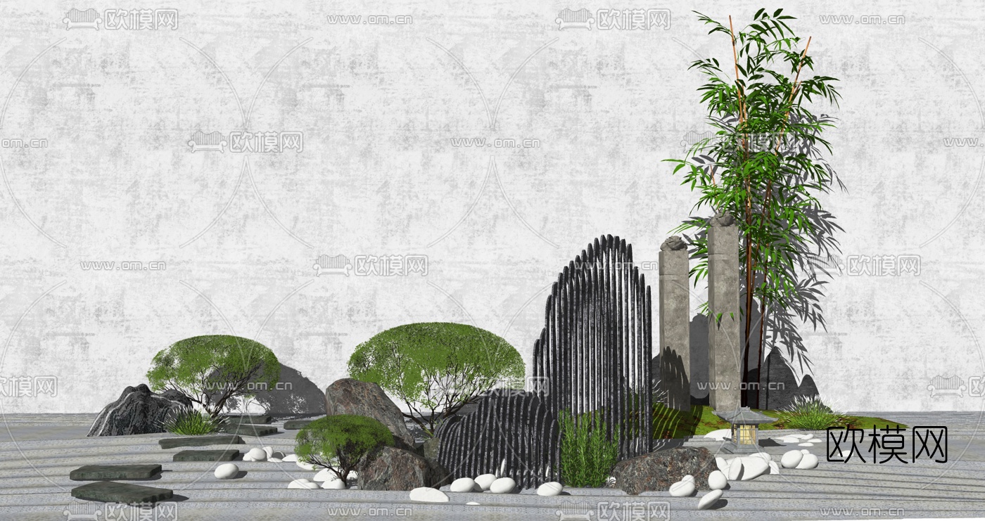 新中式庭院石头植物景观小品su模型-免费3dmax模型库-欧模网