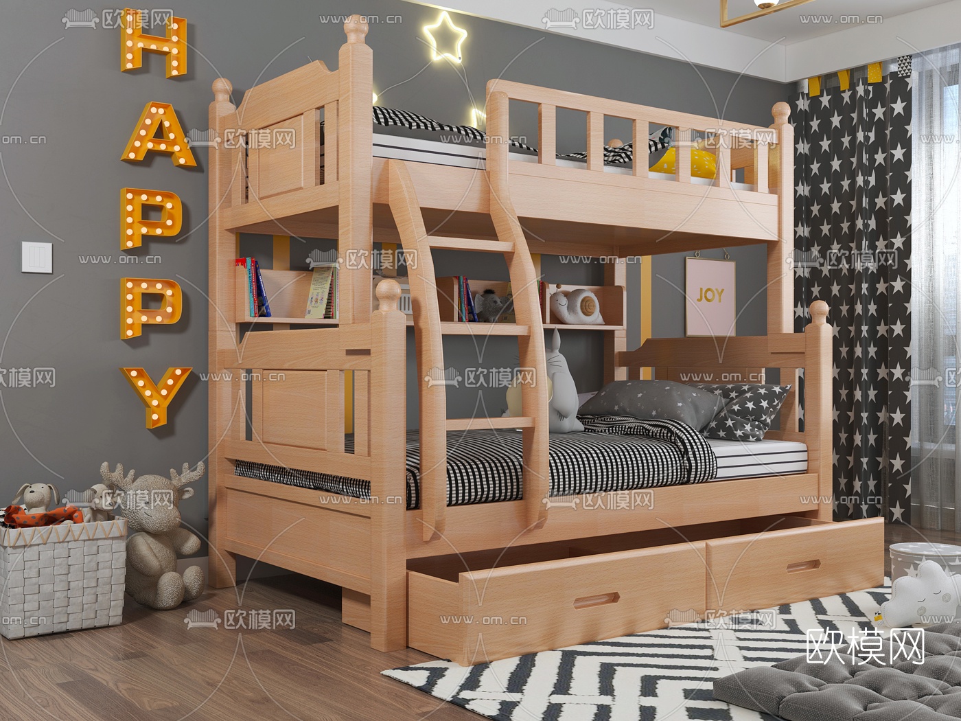 北欧儿童床上下铺床3d模型下载（渲染图1）