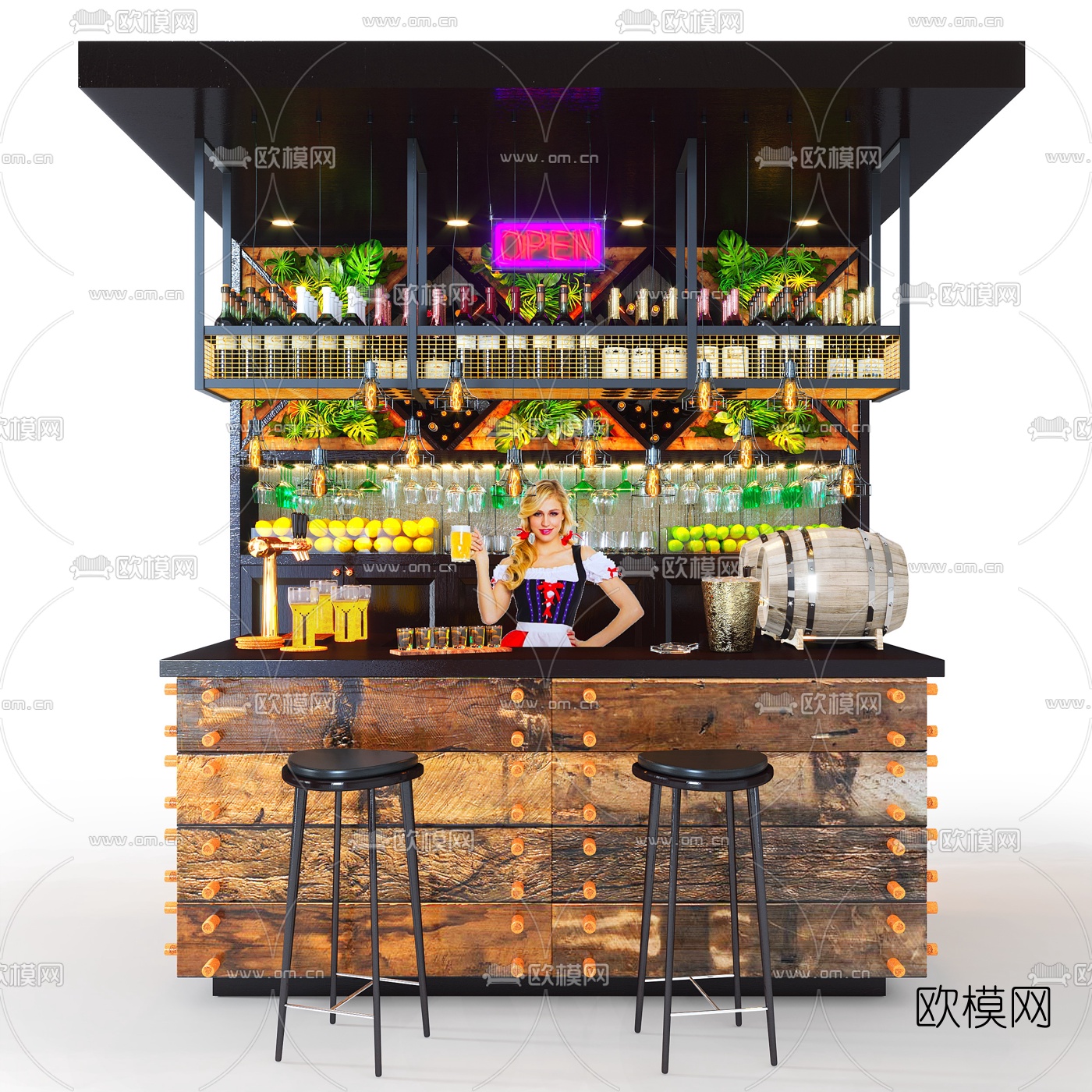 工业风酒吧吧台3d模型