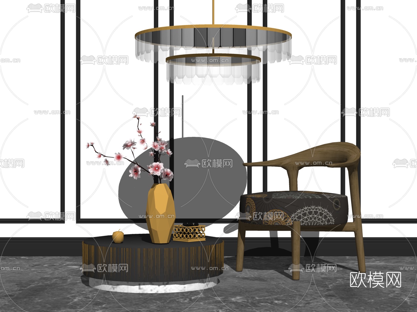 新中式实木单椅su模型下载