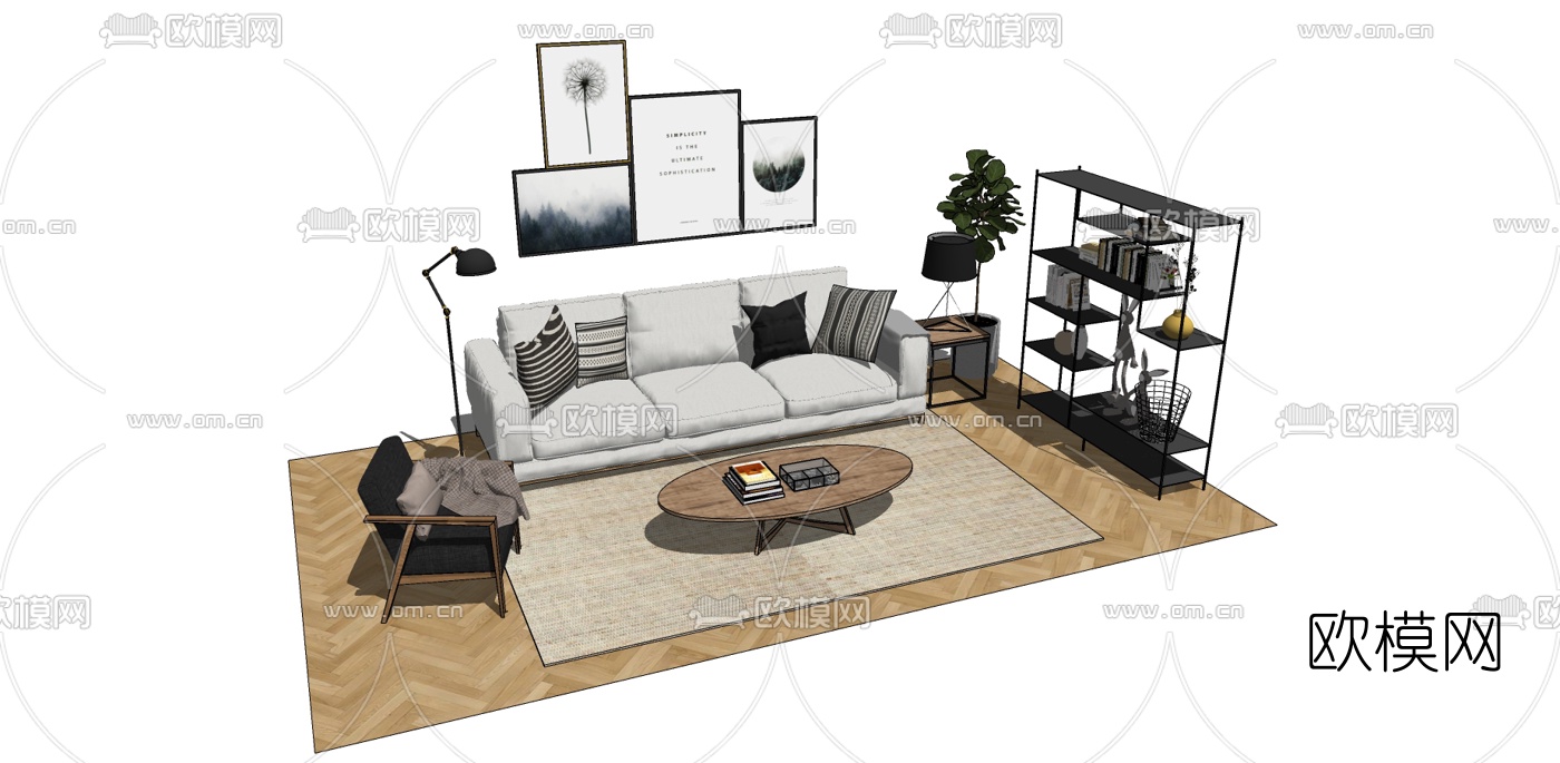 北欧布艺组合沙发su模型下载（渲染图2）