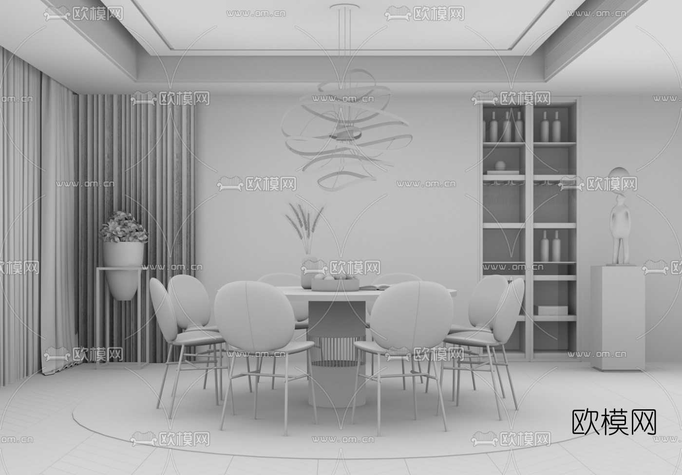 现代圆桌大理石餐桌椅su模型