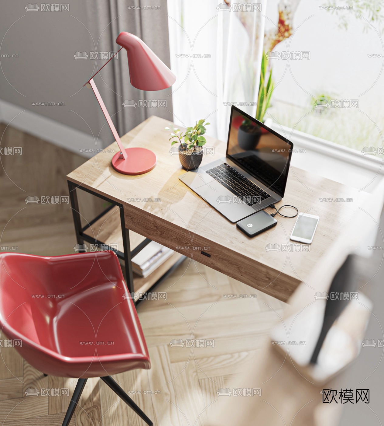 现代原木书桌椅3d模型下载（渲染图4）