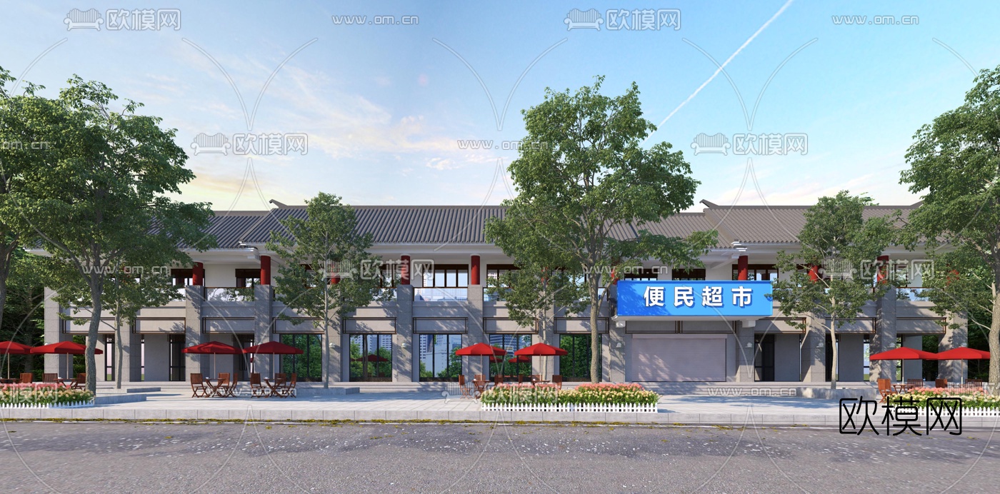 新中式超市商业街建筑外观3d模型