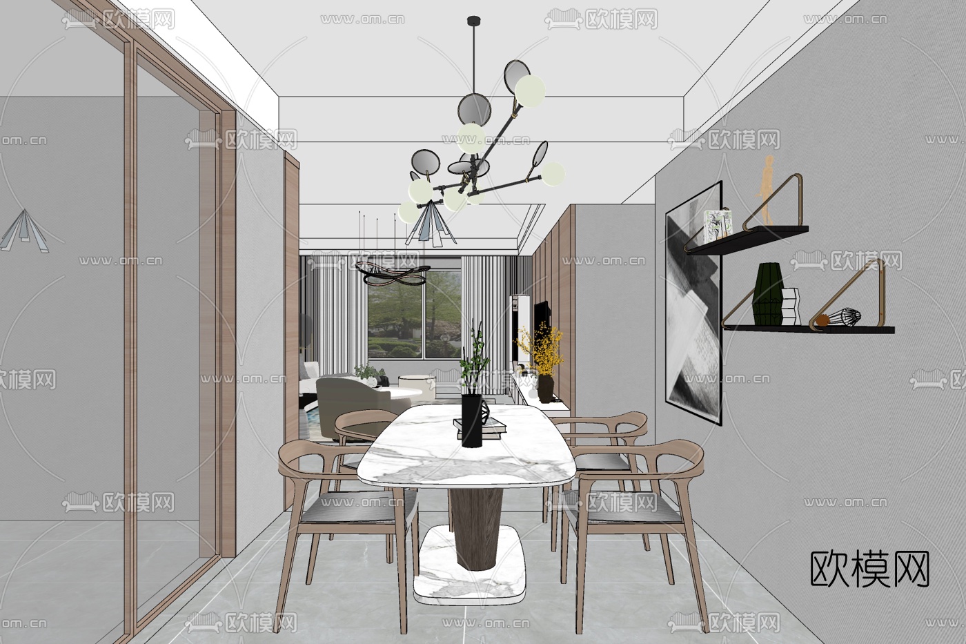 现代简约客厅餐厅免费su模型下载