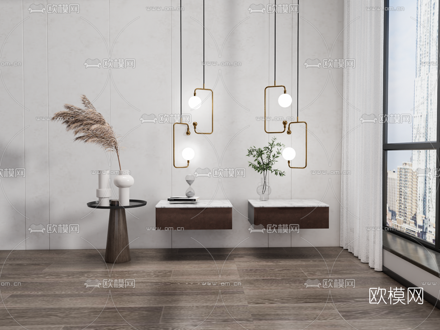 现代轻奢床头柜su模型下载（渲染图1）