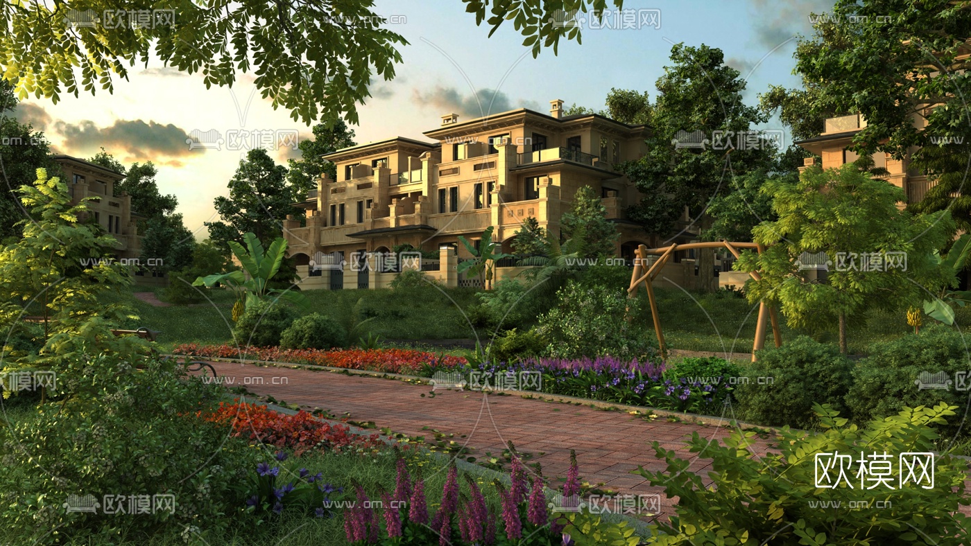 欧式别墅小区园林景观3d模型下载（渲染图1）