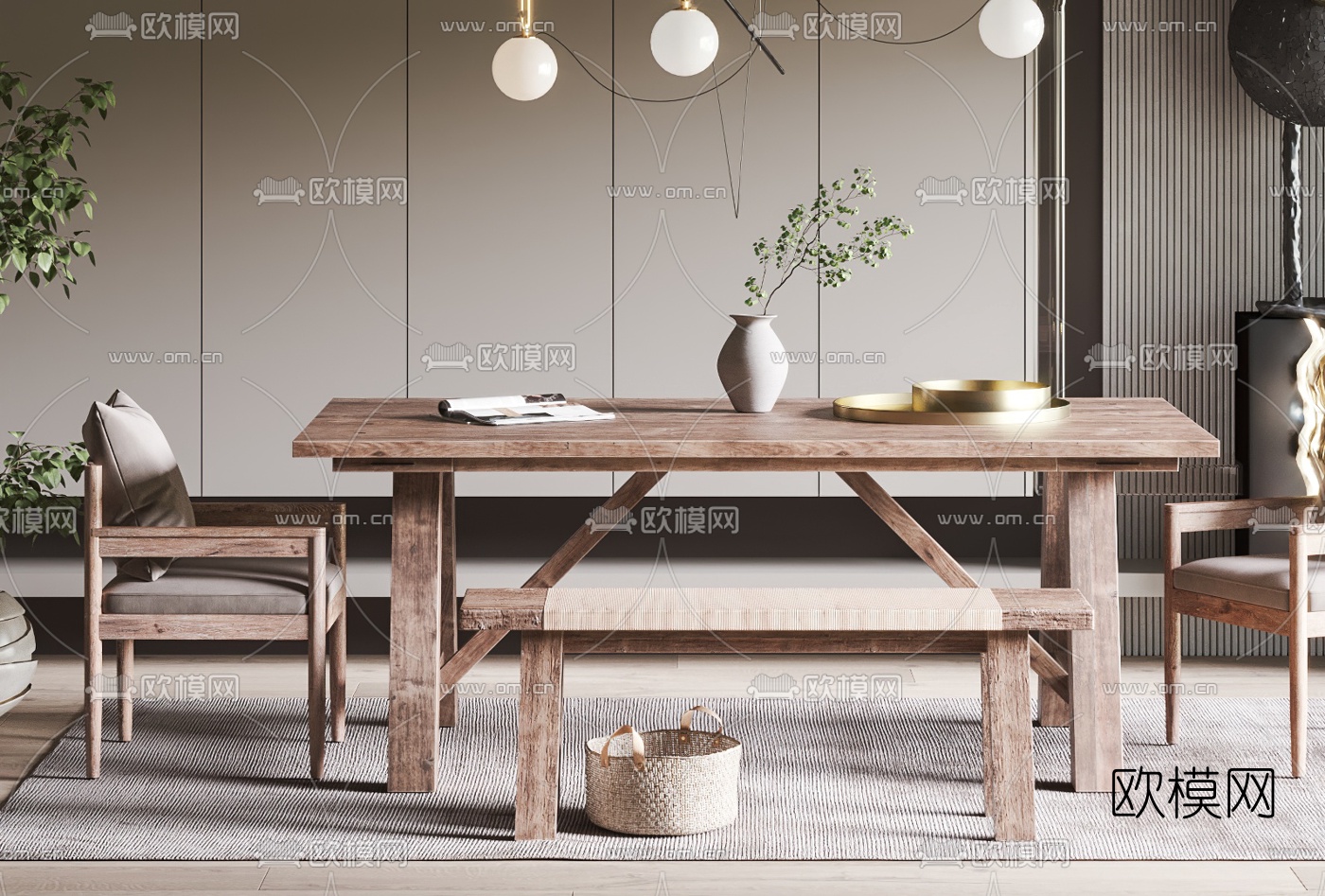 北欧原木餐桌椅3d模型下载（渲染图2）
