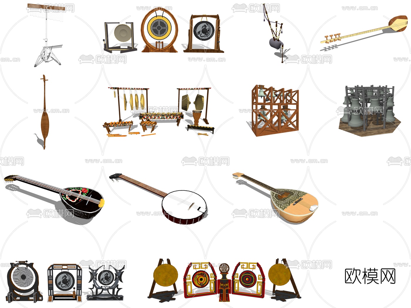 中式传统民族乐器古筝琴su模型下载（渲染图3）