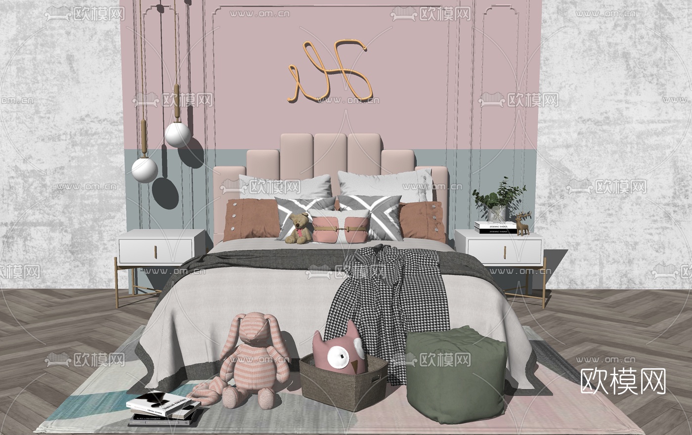 北欧布艺双人床su模型下载