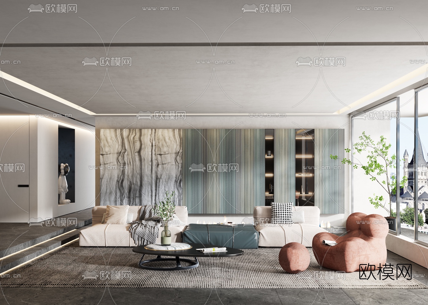 现代布艺沙发组合3d模型下载（渲染图1）