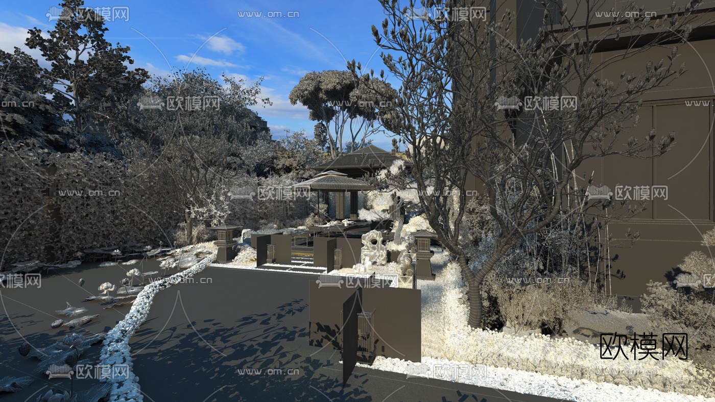 新中式别墅庭院花园3d模型