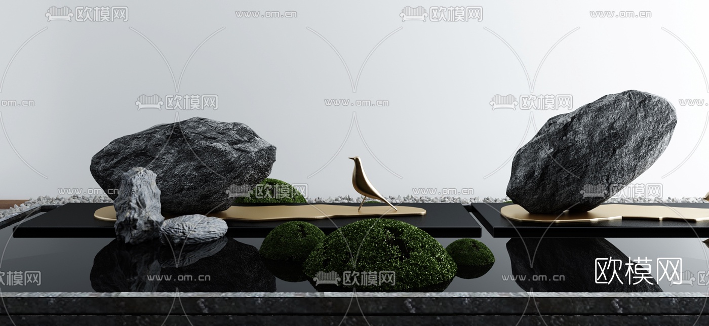 新中式山石灌木水景3d模型