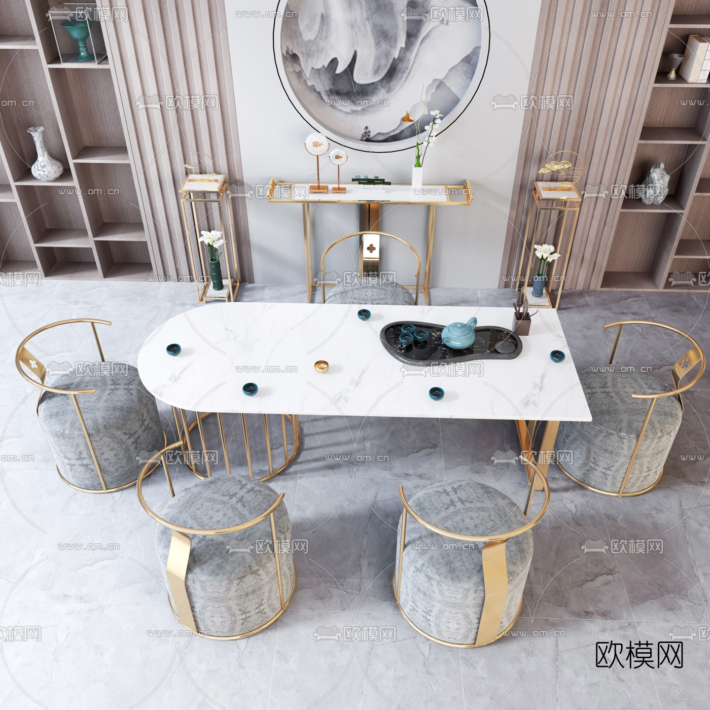 新中式轻奢茶桌椅3d模型