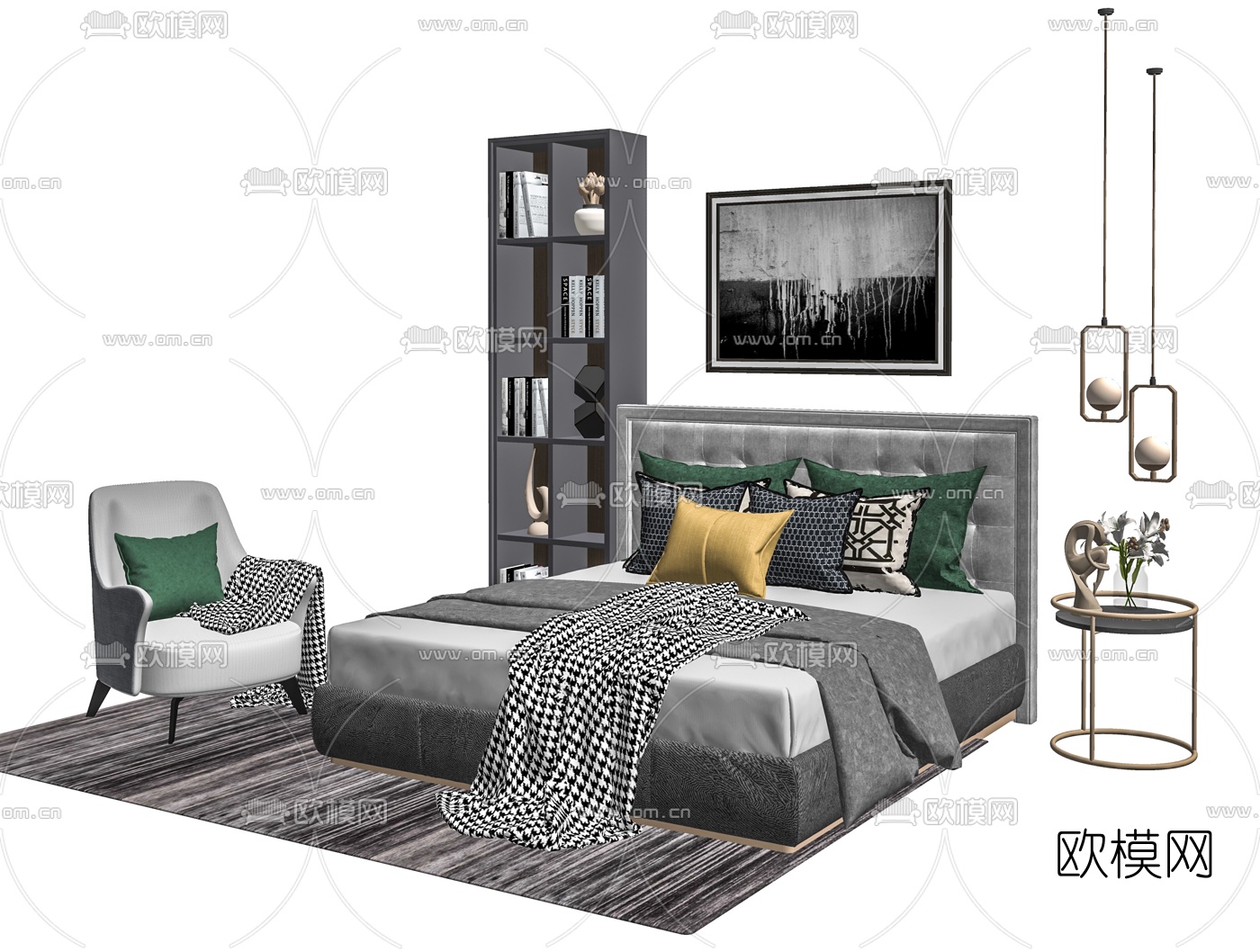 现代布艺双人床su模型下载（渲染图2）