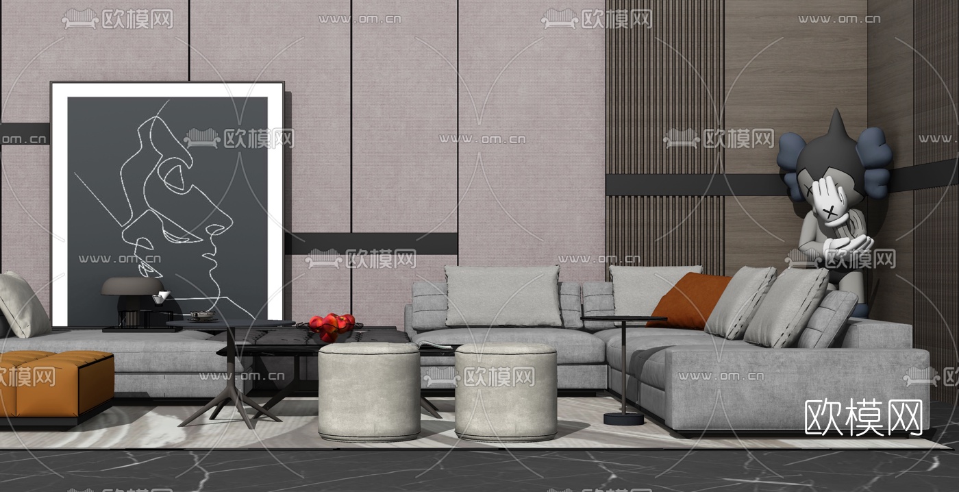 现代布艺沙发组合su模型