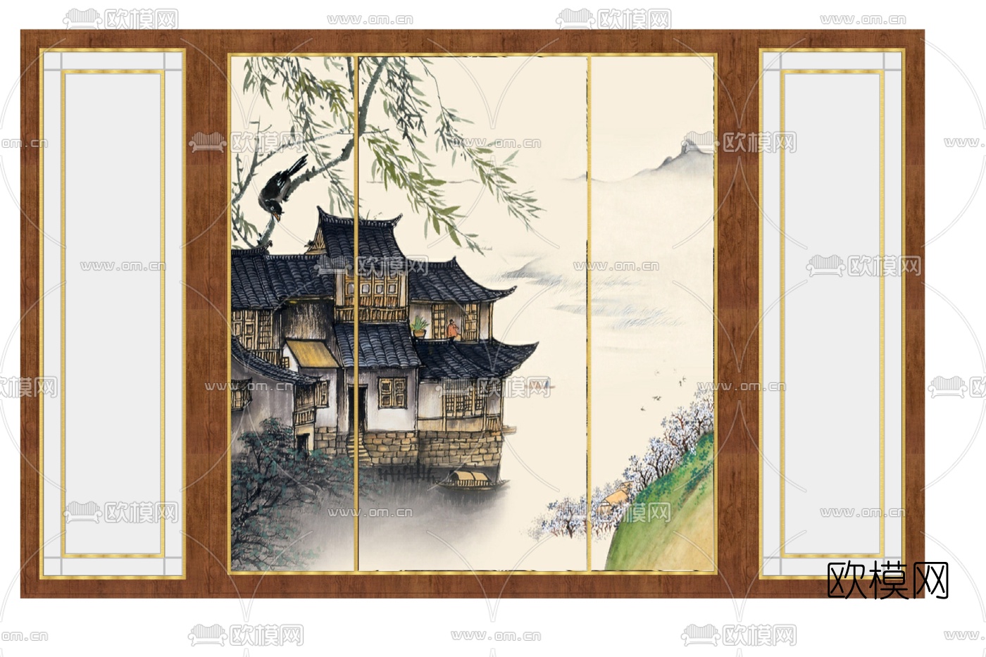 新中式风景背景墙su模型下载