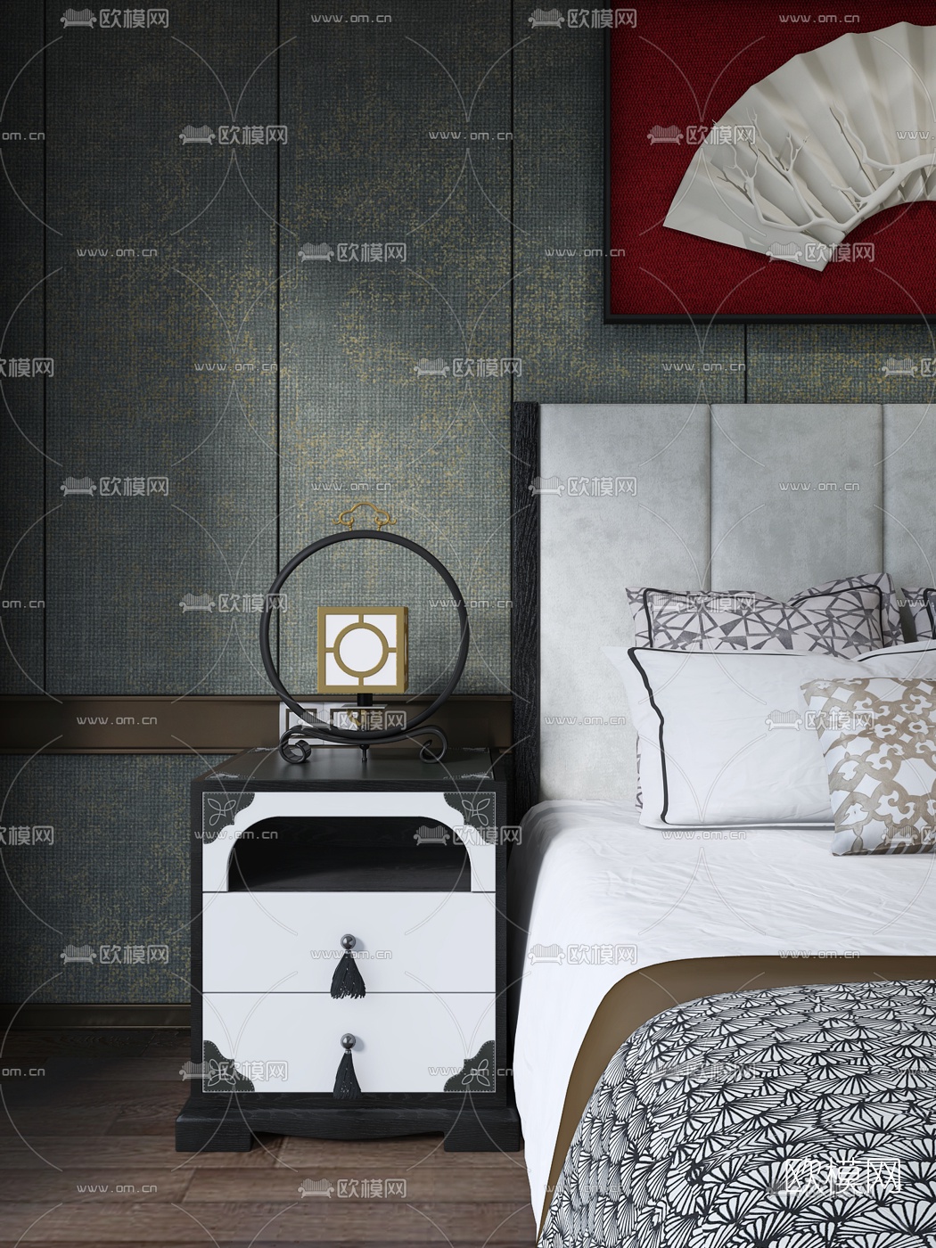 品辰设计 新中式皮革方形床头柜3d模型下载（渲染图1）