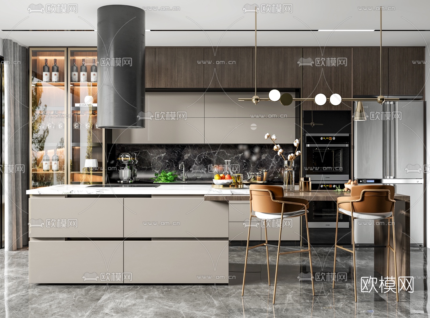 现代敞开式厨房吧台3d模型