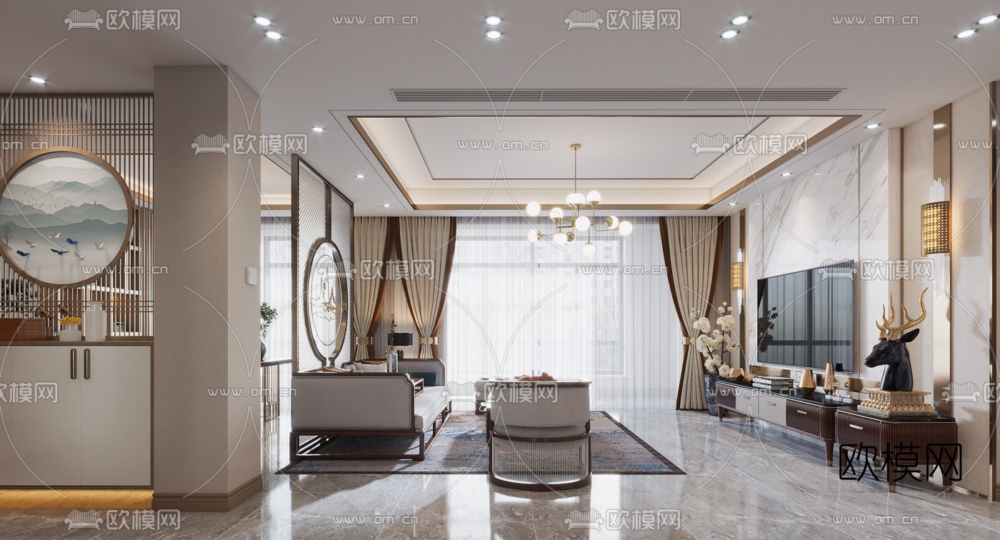新中式轻奢客厅餐厅3d模型