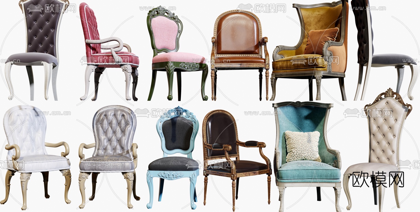 法式布艺皮革休闲椅3d模型下载（渲染图1）