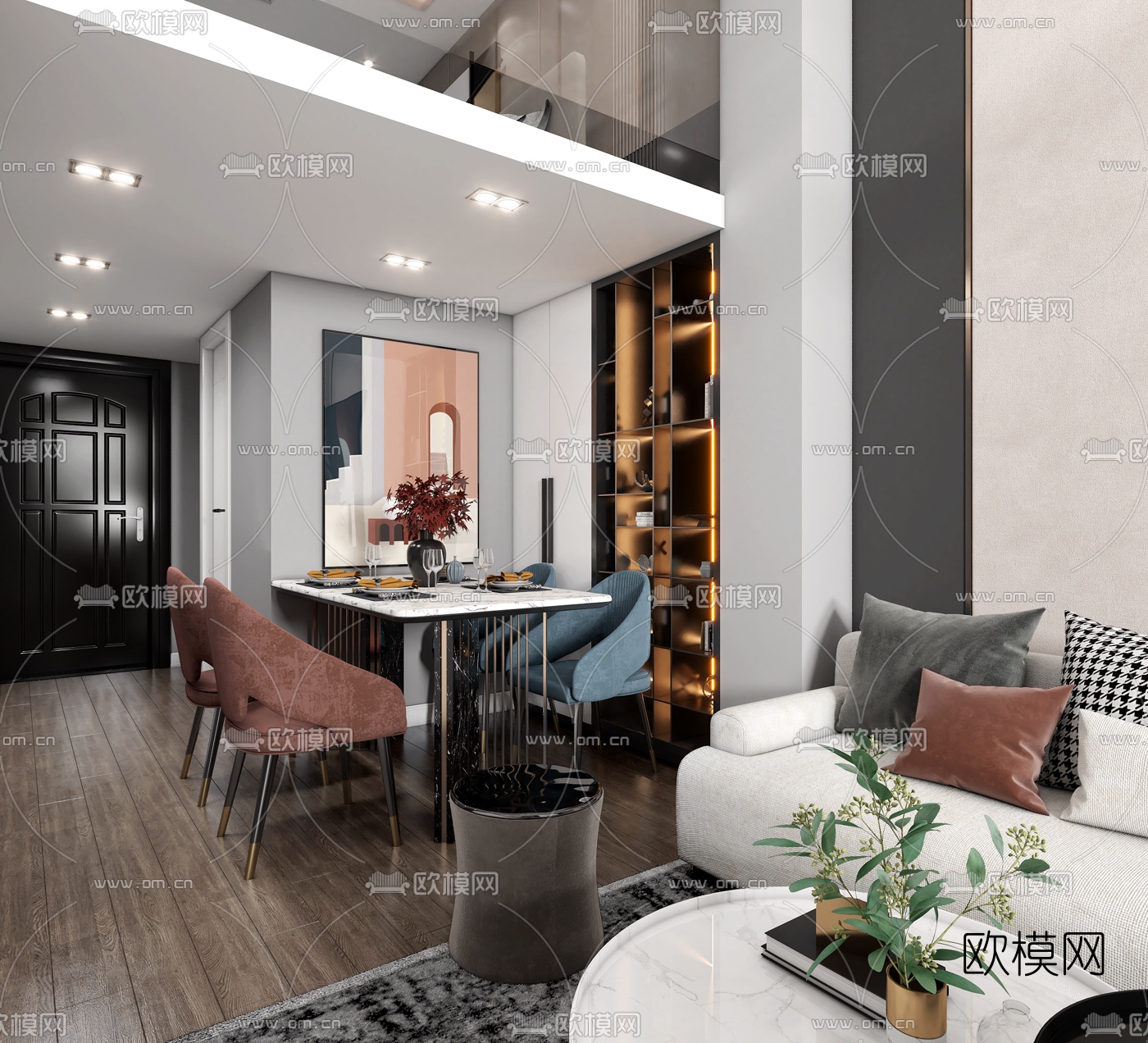现代复式公寓客厅餐厅3d模型