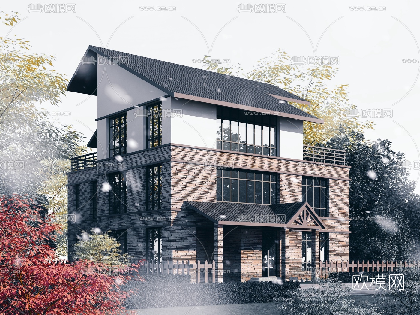 东南亚独栋别墅3d模型下载（渲染图1）