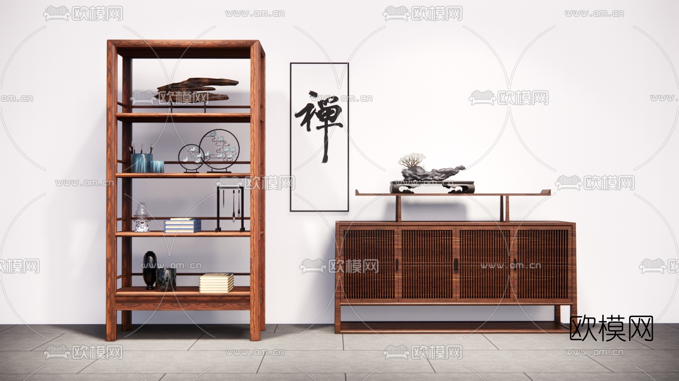 新中式博古架su模型下载（渲染图1）