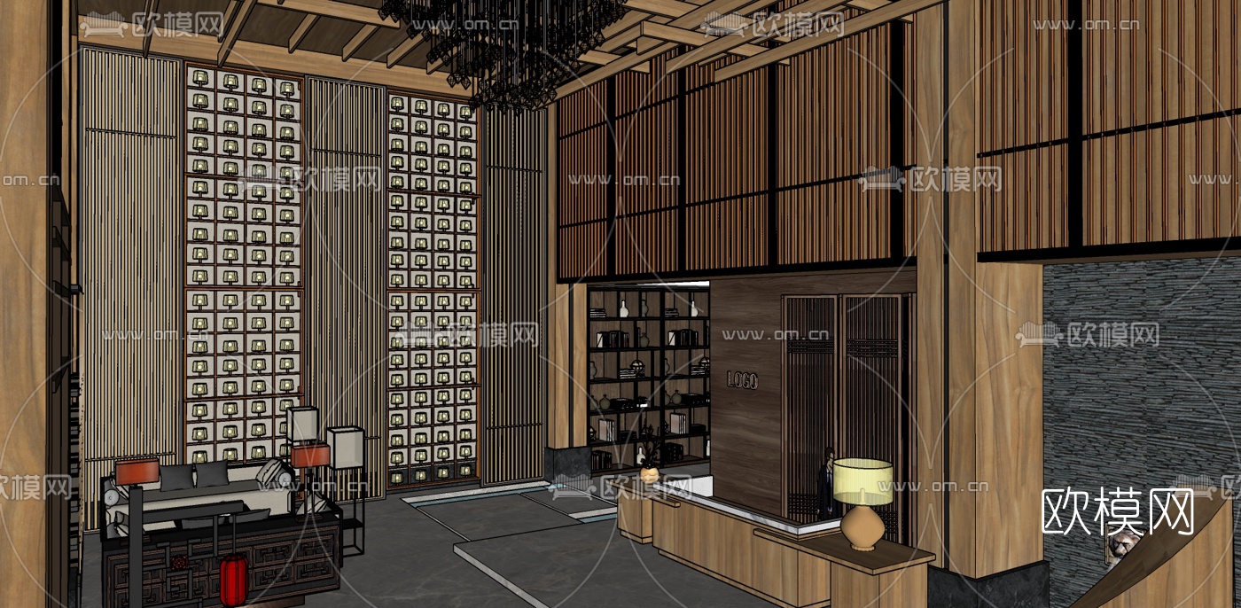 新中式酒店大堂su模型下载（渲染图4）