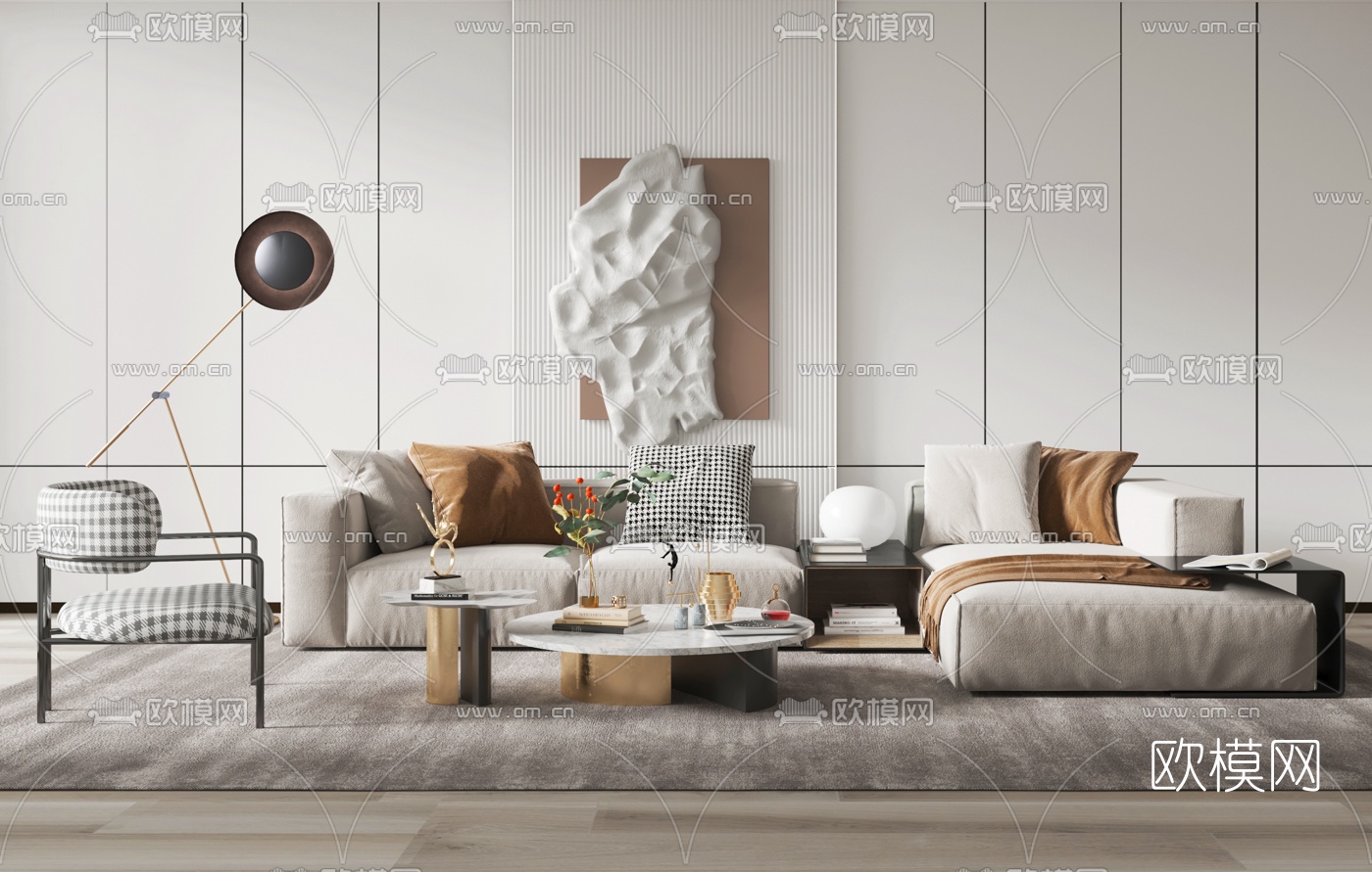 现代布艺转角沙发su模型下载（渲染图1）