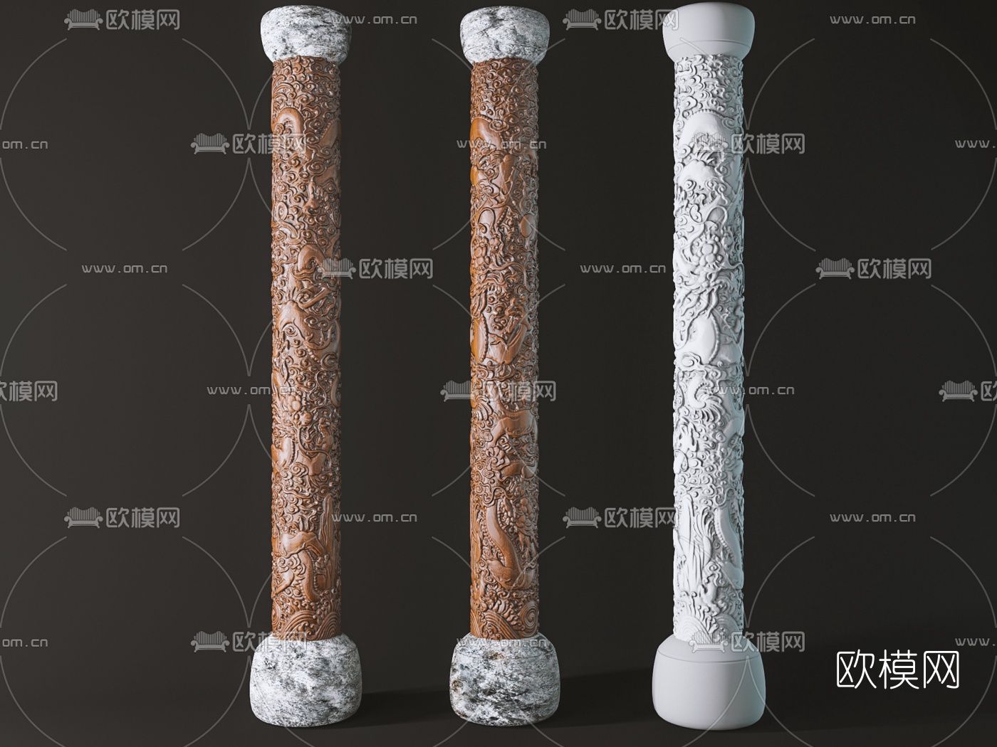 中式雕花盘龙柱3d模型下载（渲染图1）