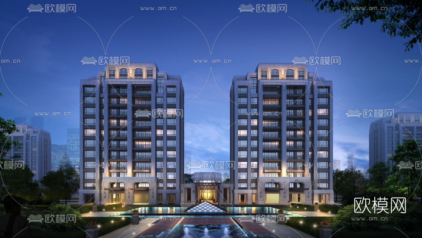 现代高层住宅小区su模型下载（渲染图1）