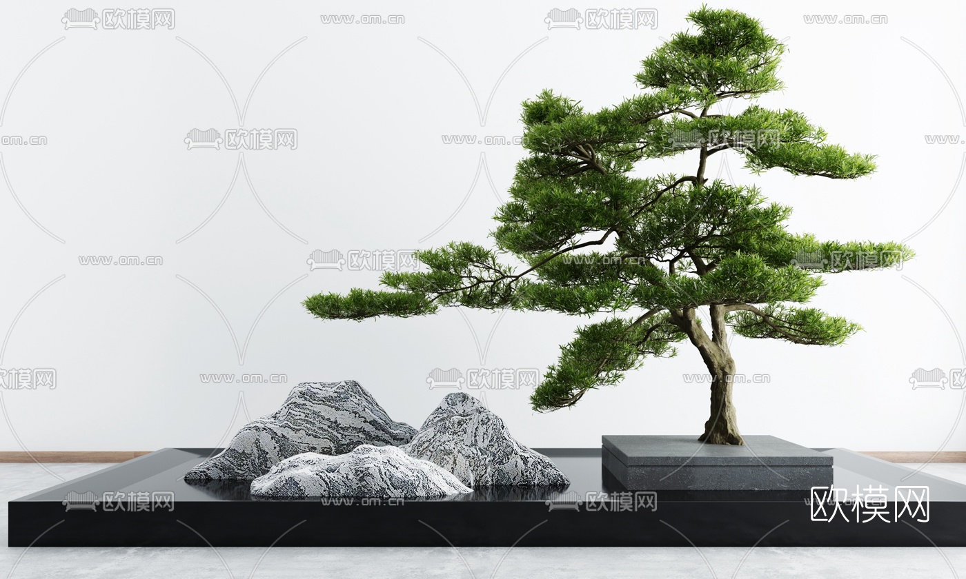 新中式松树山石景观小品3d模型