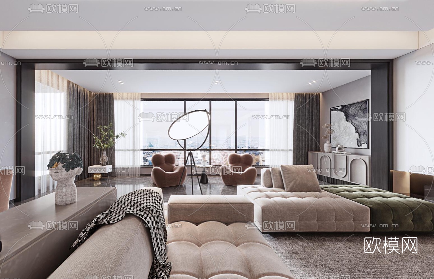 现代轻奢客厅餐厅cr全景3d模型-免费3dmax模型库-欧模网