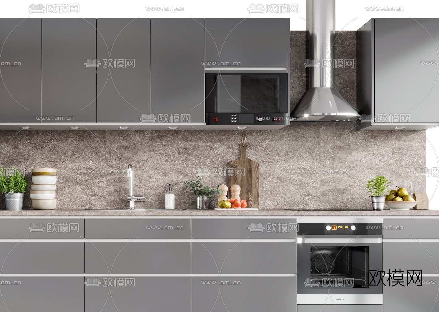 现代一体式橱柜3d模型下载（渲染图2）