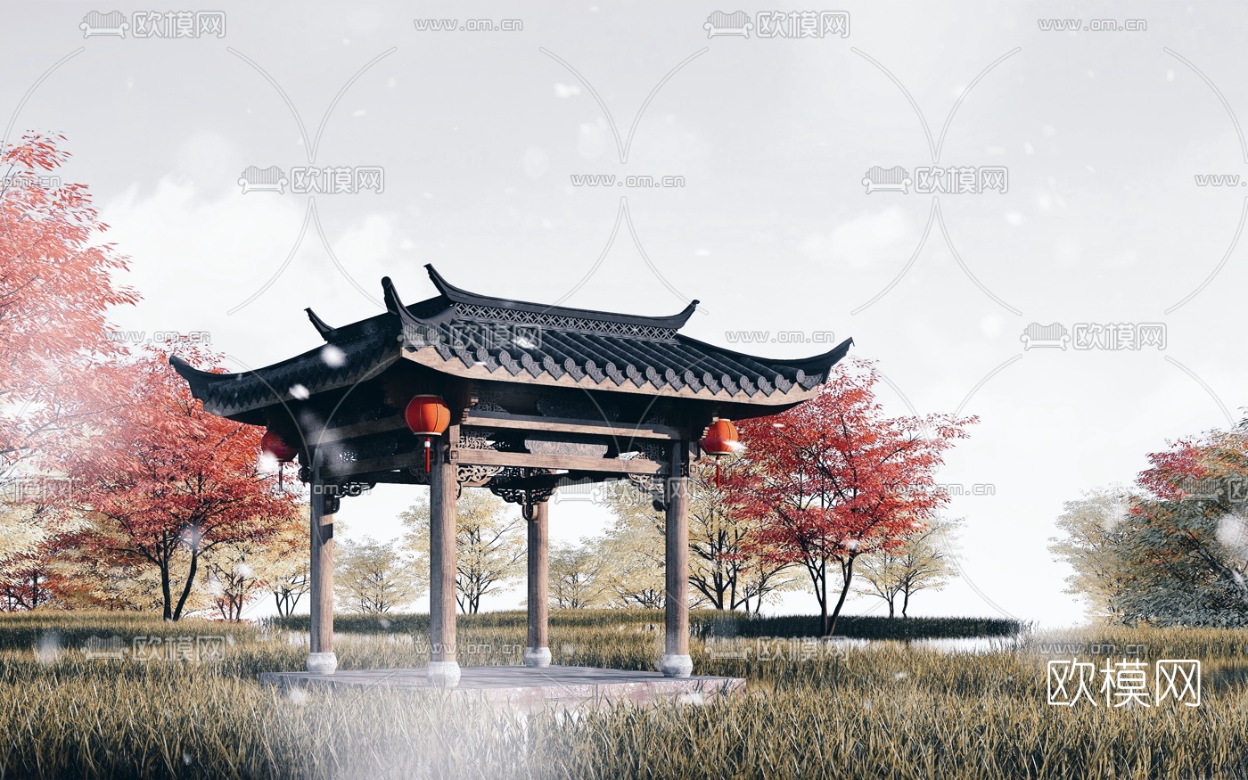 中式古建景观亭3d模型下载（渲染图1）