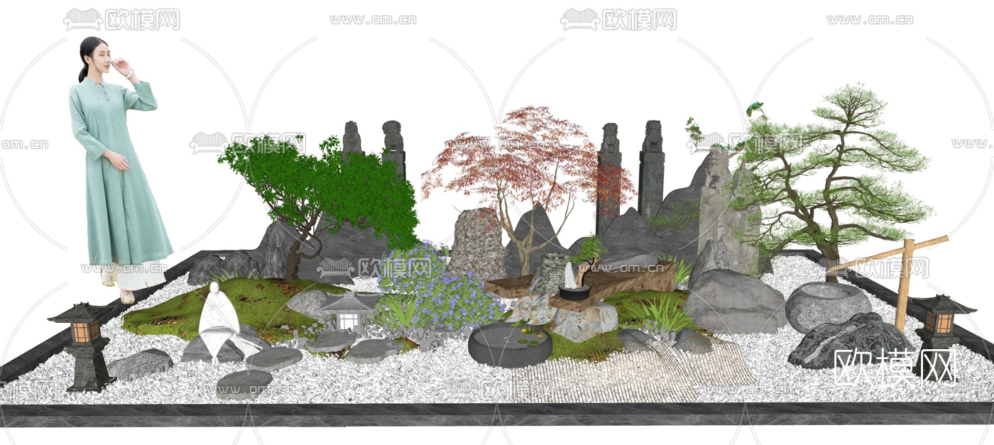 新中式狮雕假山水景松树小品su模型