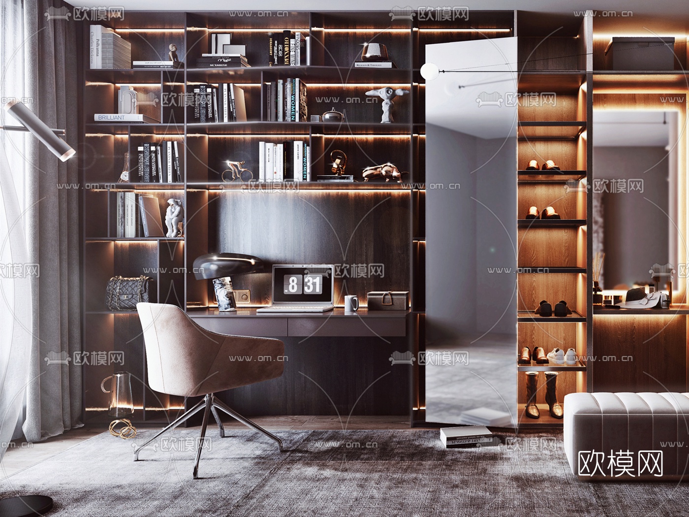 现代轻奢衣帽间3d模型下载（渲染图2）