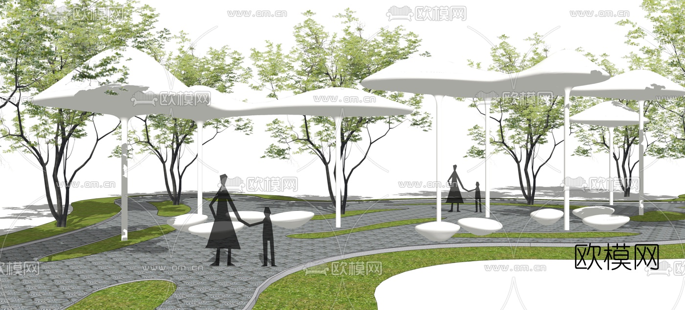 现代广场异形廊架su模型