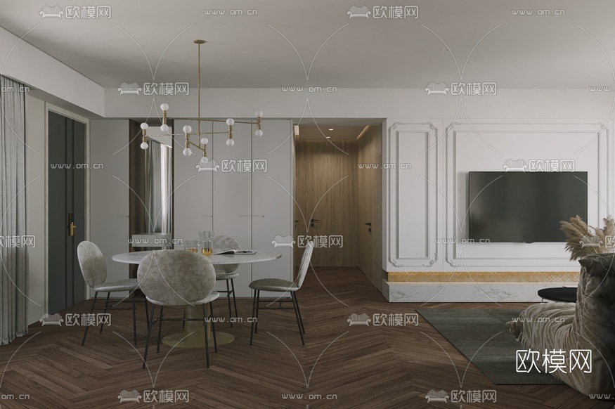现代客厅餐厅厨房3d模型下载(渲染图3)