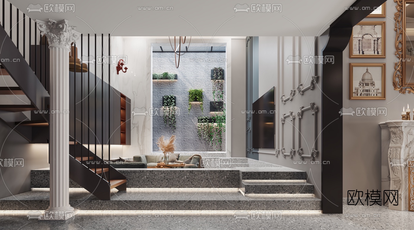 简欧别墅负一层休息室红酒室3d模型下载（渲染图1）