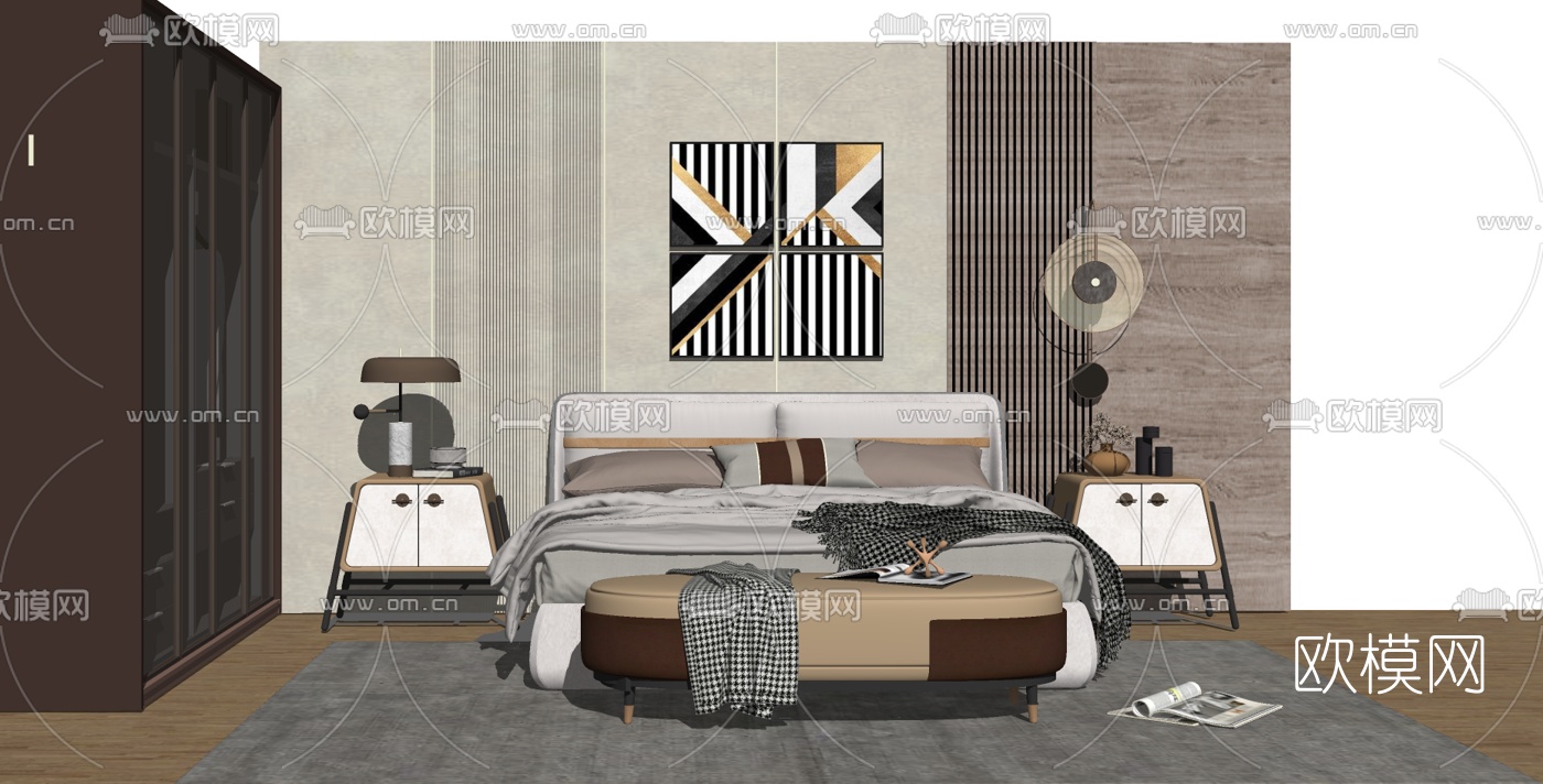 现代布艺双人床su模型下载