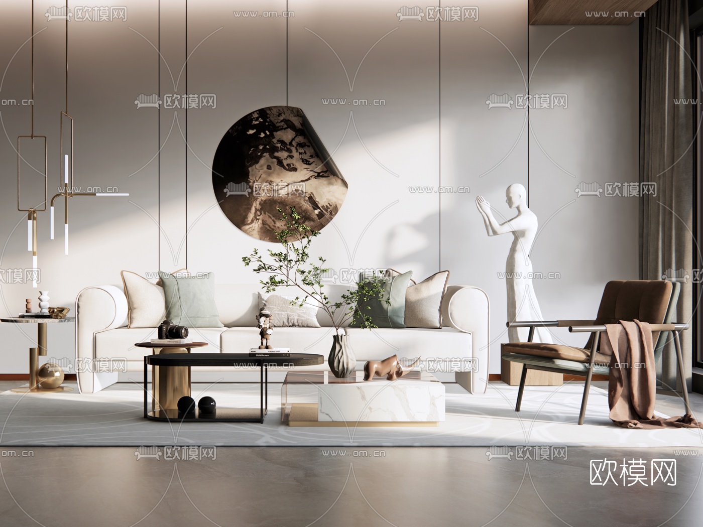 新中式布艺组合沙发su模型下载（渲染图1）