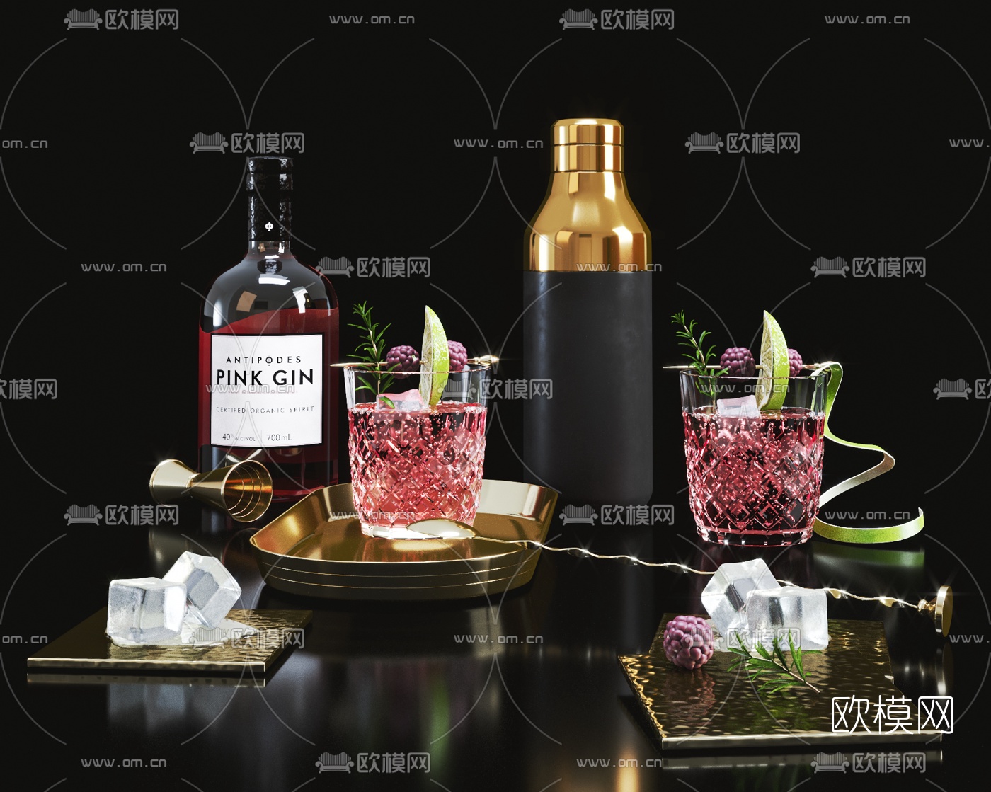 现代酒瓶酒杯组合3d模型