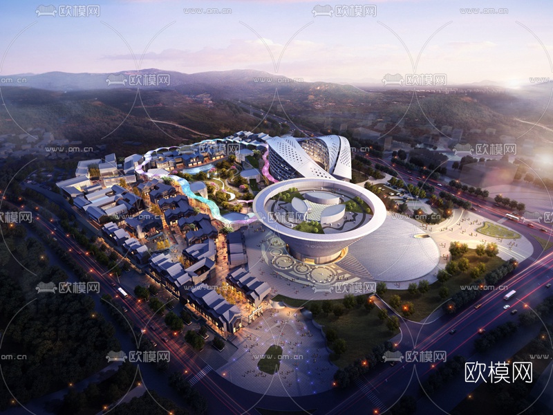 现代文化旅游城鸟瞰su模型下载（渲染图1）