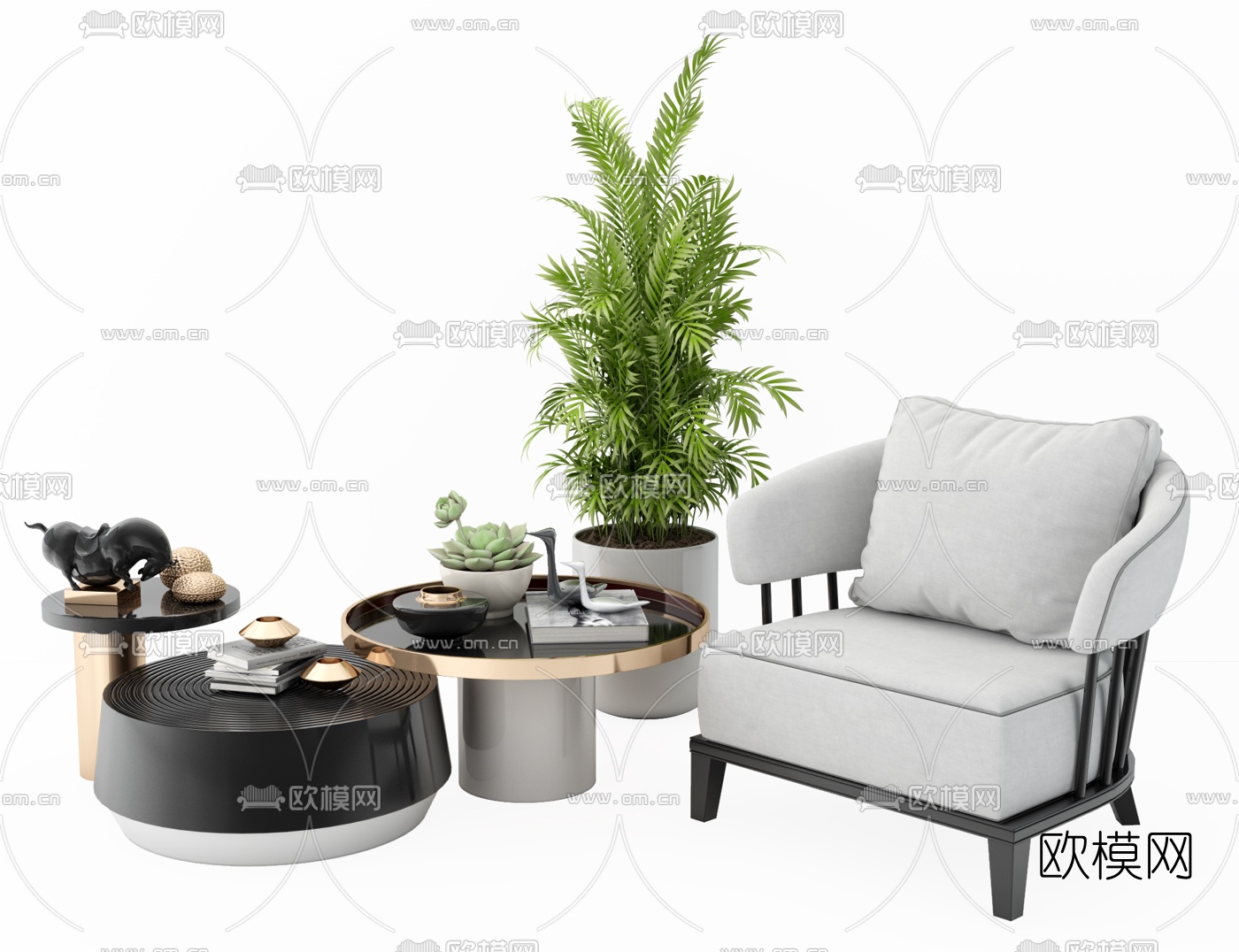 新中式单人沙发茶几组合3d模型